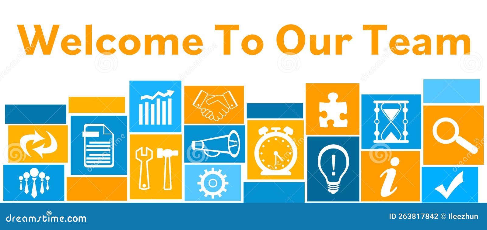 Welcome to our team blue orange business symbols grid top text stock