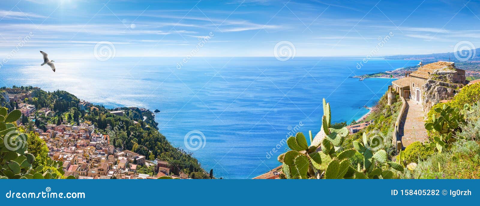 panoramic collage with aerial view of taormina and church of madonna della rocca built on rock, sicily, italy
