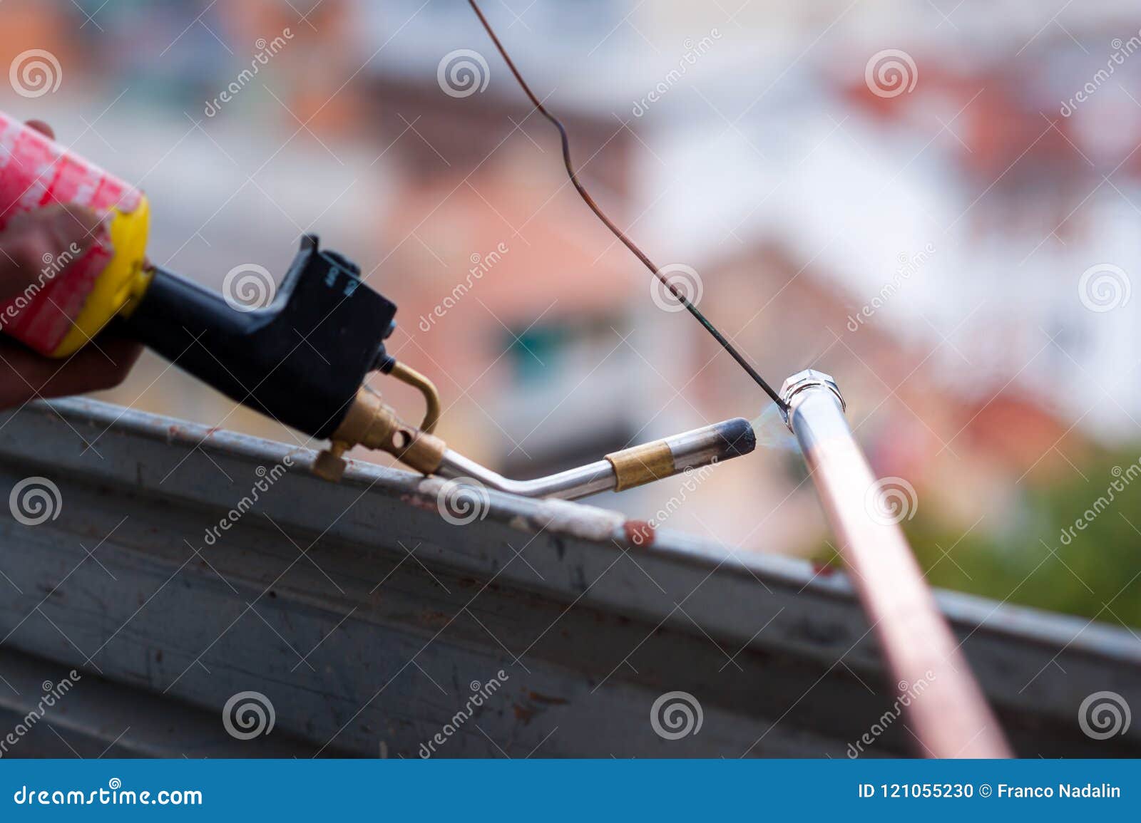 Welding of copper pipe. stock photo. Image of closeup 121055230
