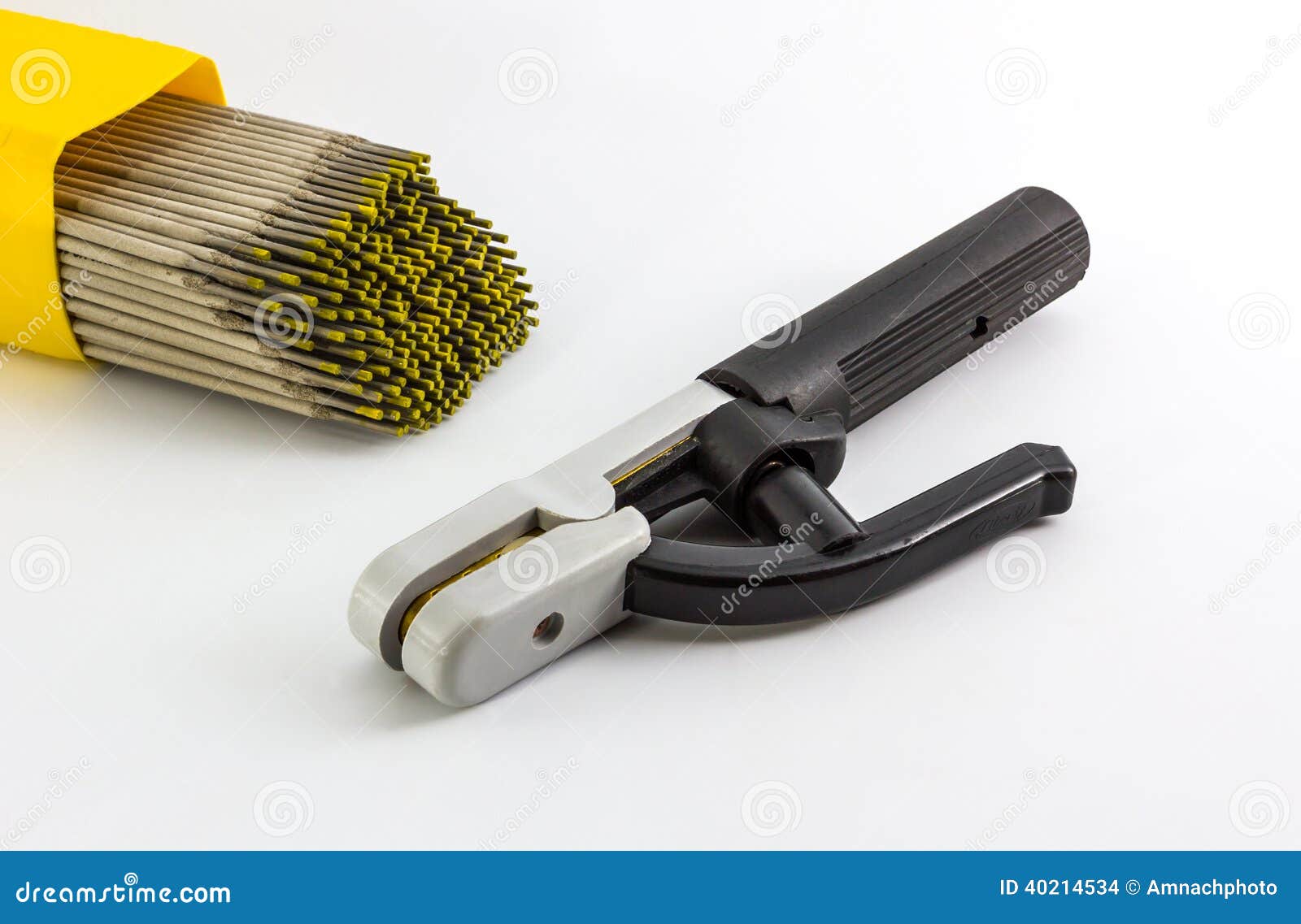 Welding Electrode Holder and Welding Electrodes Wire. Stock Photo