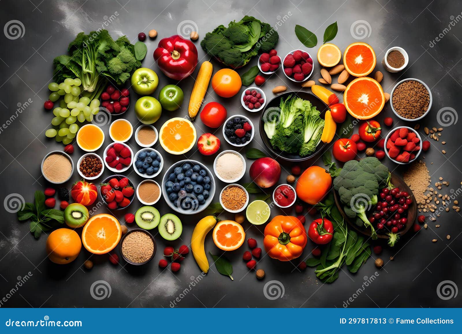 a well-composed image capturing a selection of healthy, clean eating options arranged on a sleek gray concrete background.