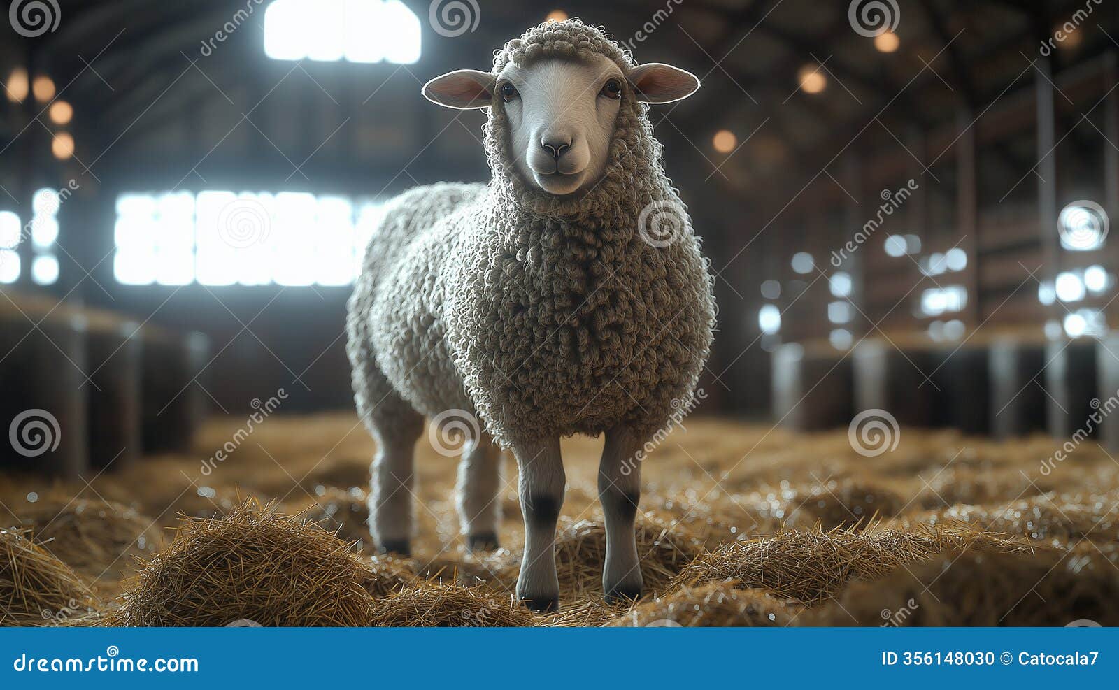 well-fed sheep stands confidently in a rustic barn, surrounded by hay and natural light