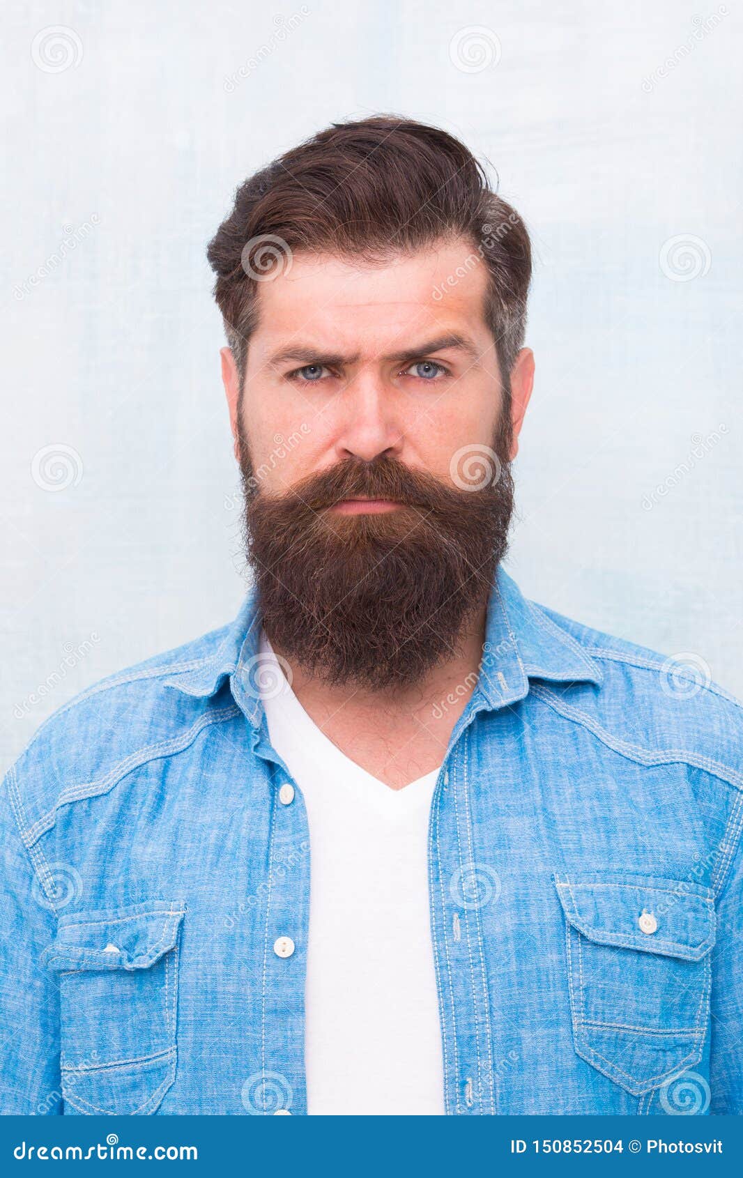 Well Groomed Macho. Hipster with Beard and Mustache Wear Denim Shirt ...