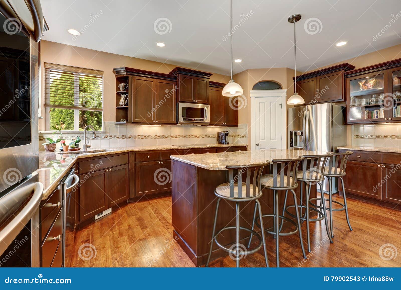 Well Remodeled Kitchen Room Interior With Dark Wood Cabinets Stock