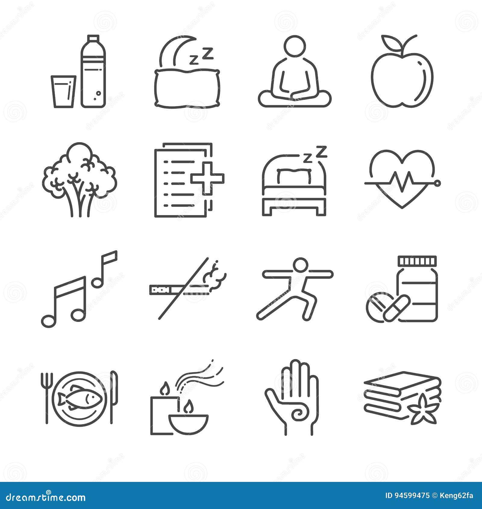 wellness life line icon set. included the icons as water, spa, good sleep, exercise, mental health and more.