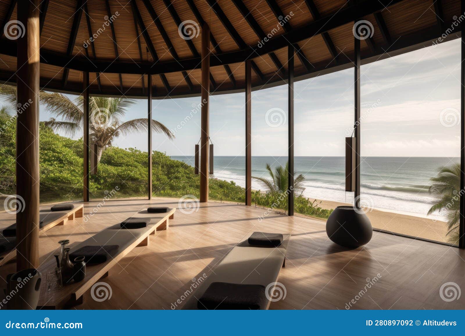 Wellness Retreats, with View of the Ocean and Beach Stock Illustration