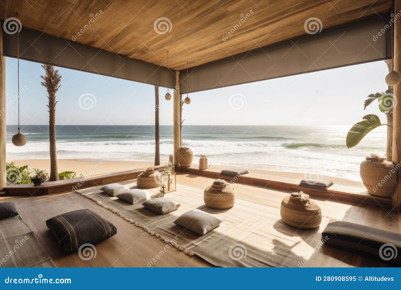 Wellness Retreats, with View of the Ocean and Beach Stock Illustration