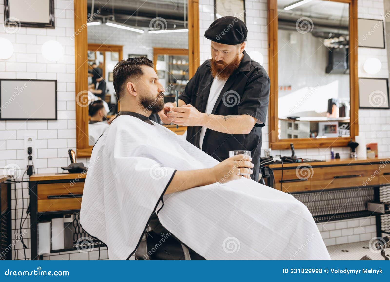 Two Handsome Men at Barbershop. Stylish Red-bearded Barber and Client ...