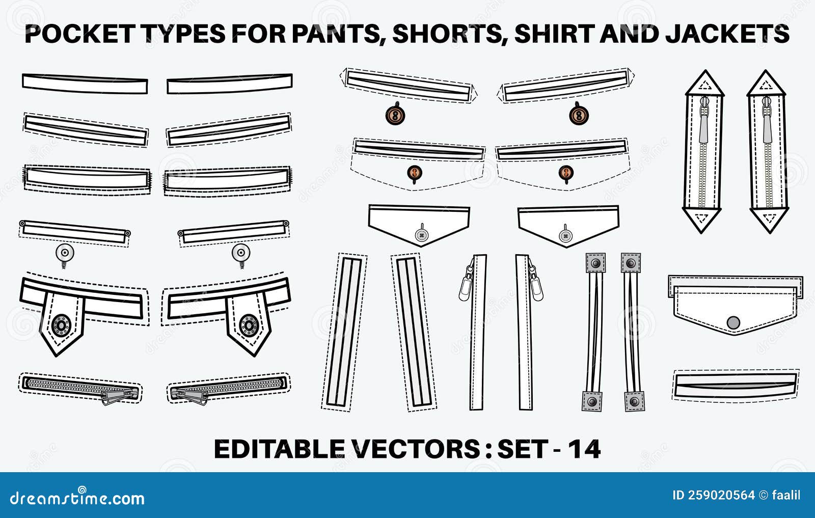 welt and jetted trouser pocket flat sketch   set, different types of clothing pockets for jeans pocket, denim,