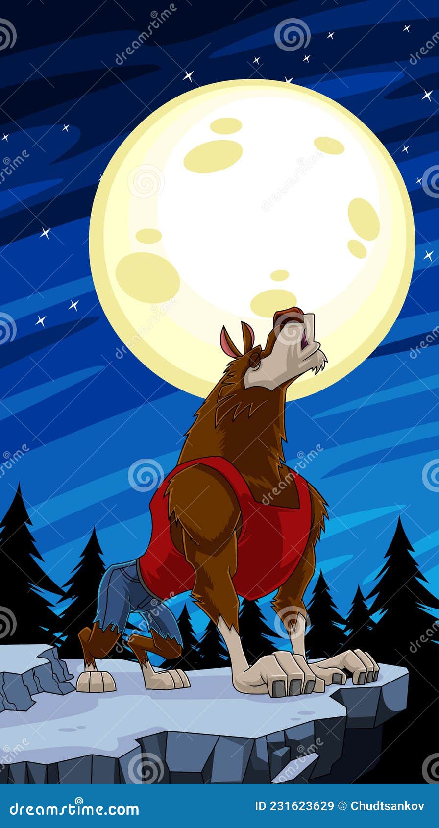 Werewolf Cartoon Character Howling on a Full Moon Night Stock Vector