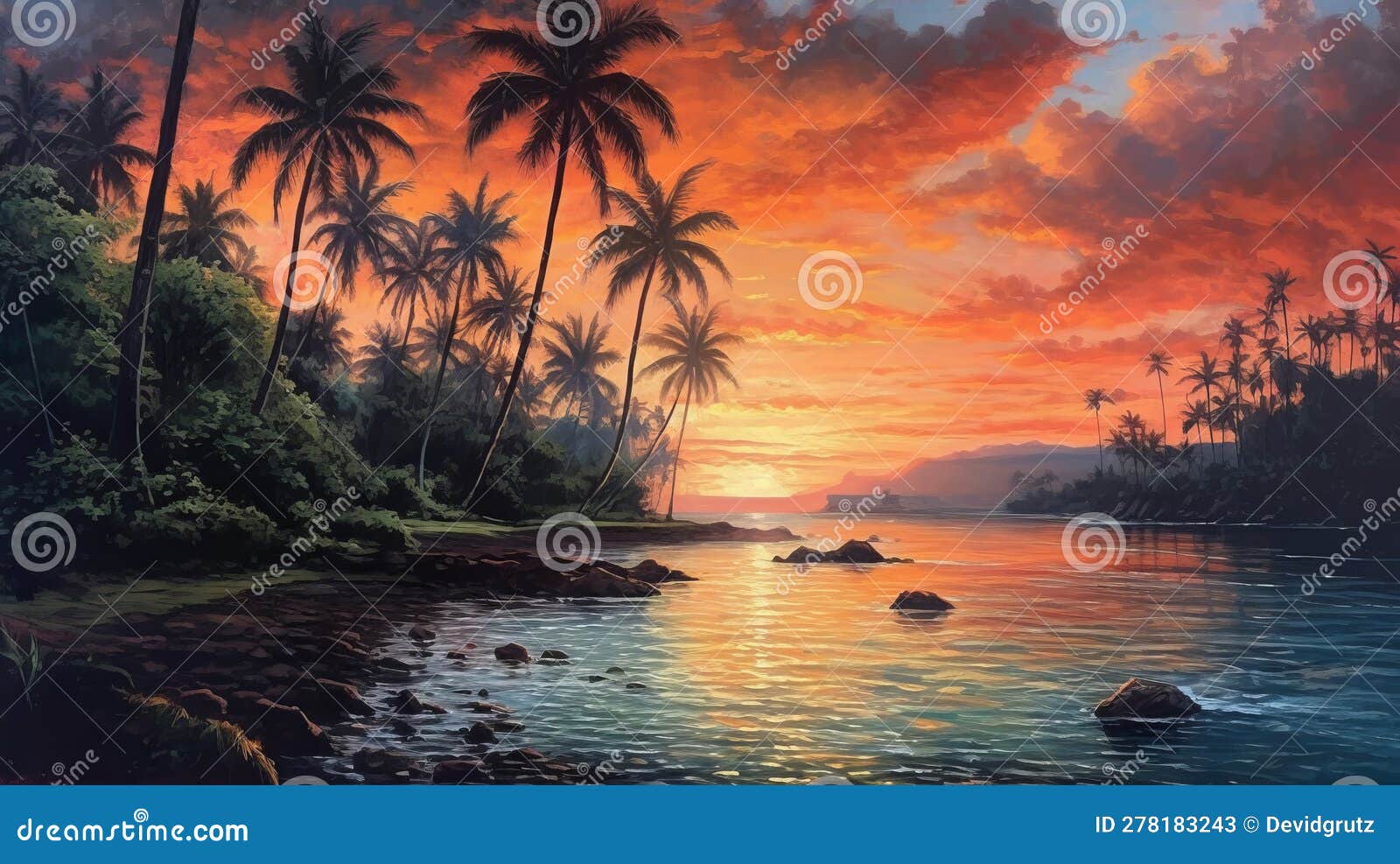 West Coast Sunset Coconut Trees Landscape. Generative AI Stock