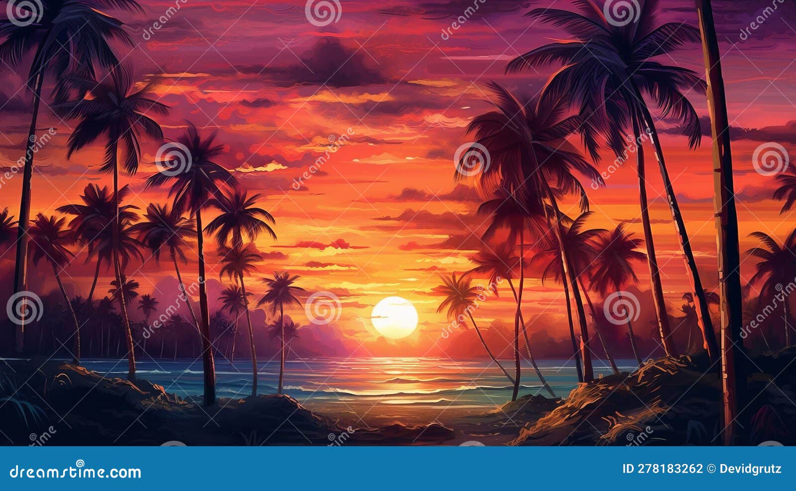 West Coast Sunset Coconut Trees Landscape. Generative AI Stock