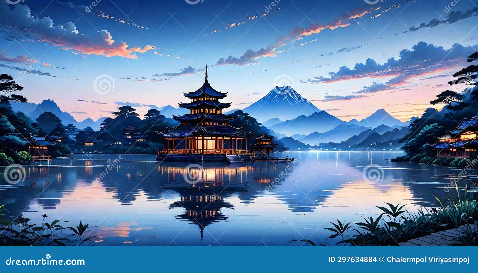 Washable Wallpaper Murals Beautiful Chinese temple on a mountain with  Sakura trees at night, bright moon in the sky, generative ai