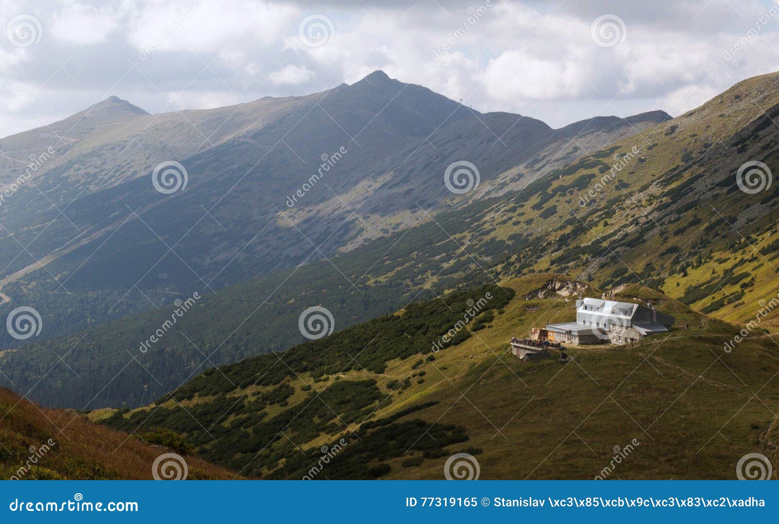 west panorama view from hillside of kralicka with chata gen. m. r. stefanika in nizke tatry mountains
