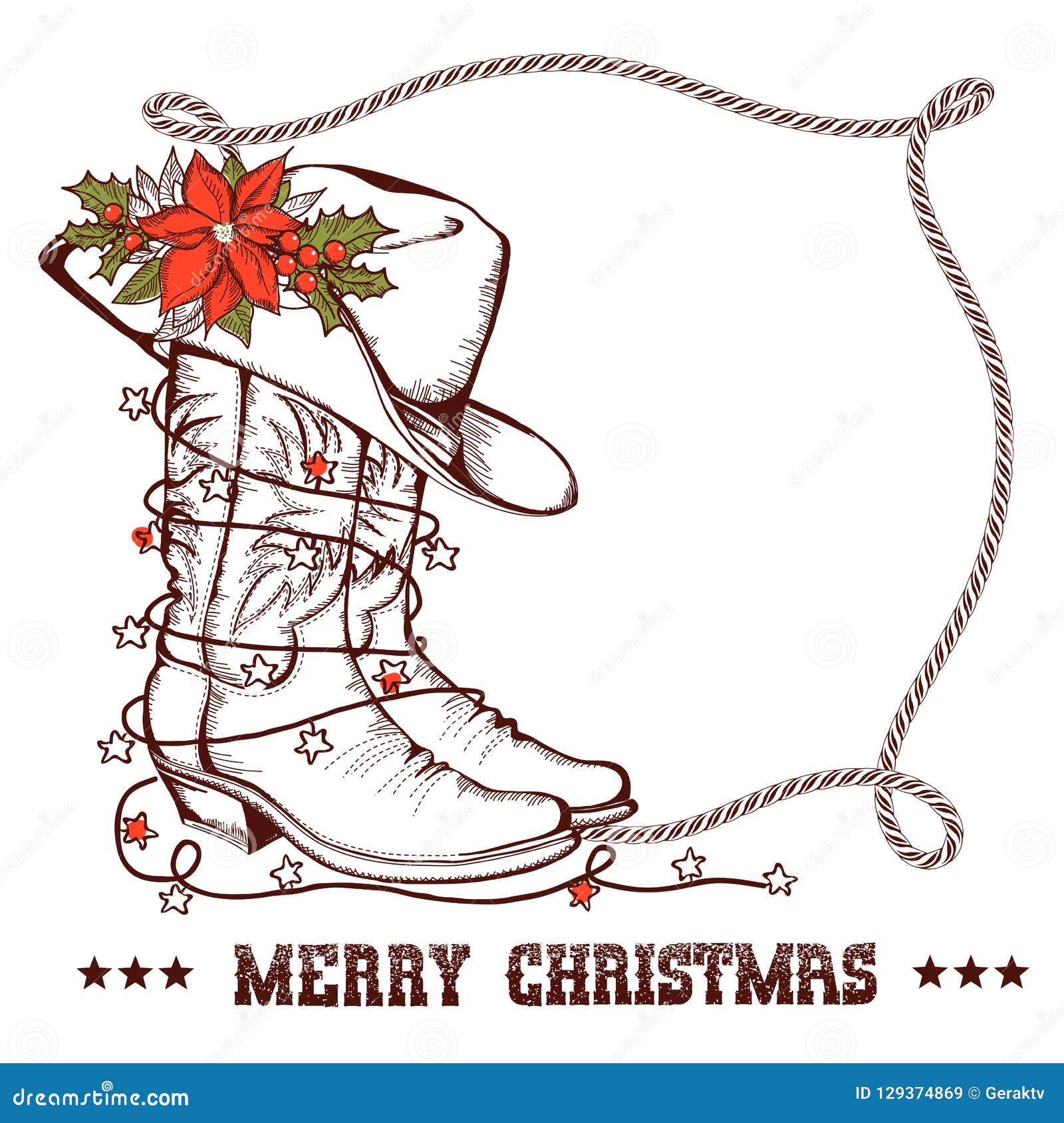 Western Christmas Greeting Card with Cowboy Traditional Boots an Stock