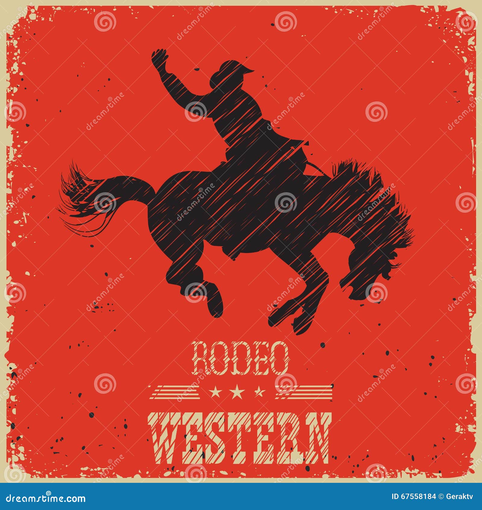 western cowboy riding wild horse.western poster on red paper