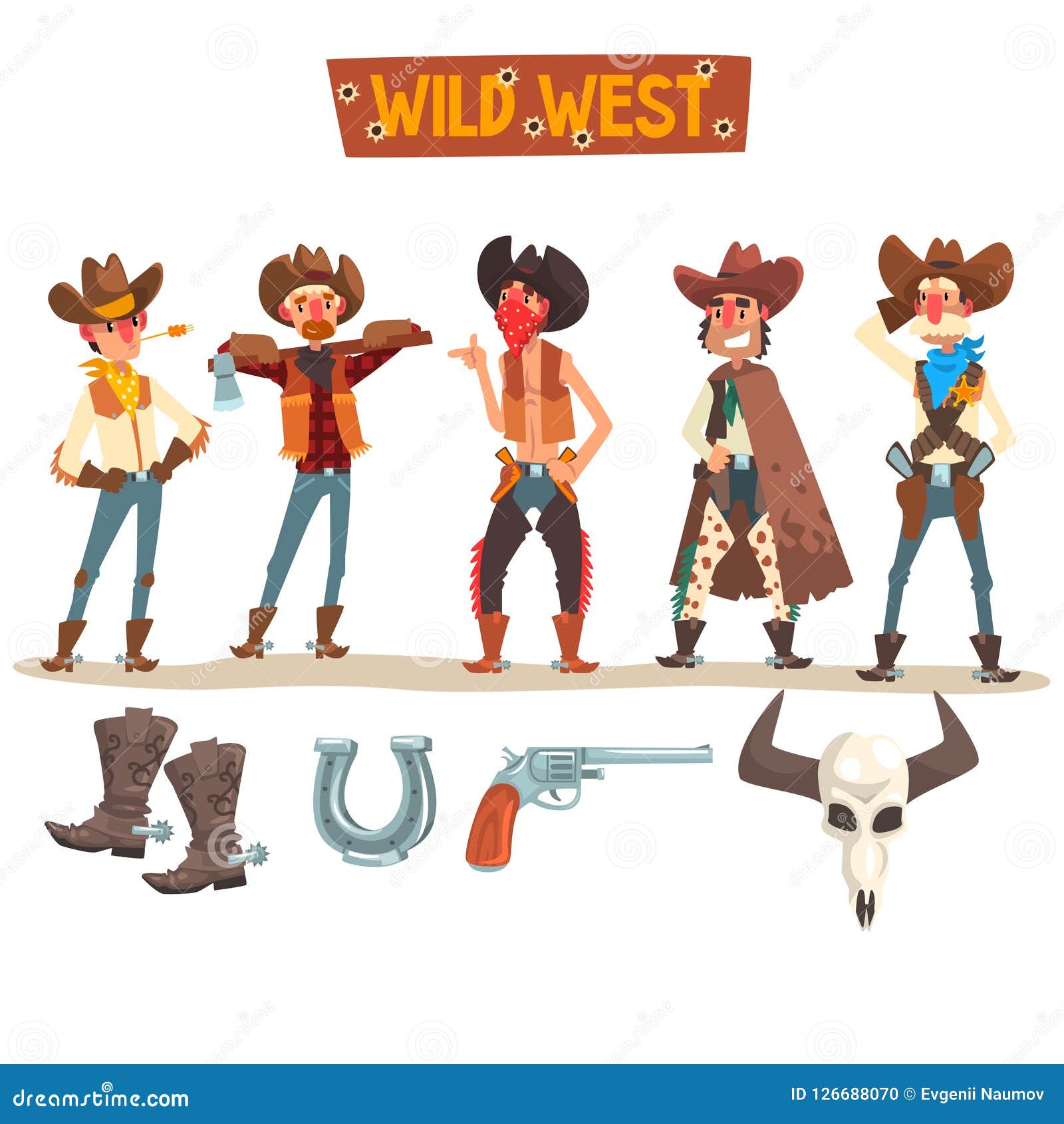 western cowboys set, wild west people with equipment and accessories   on a white background