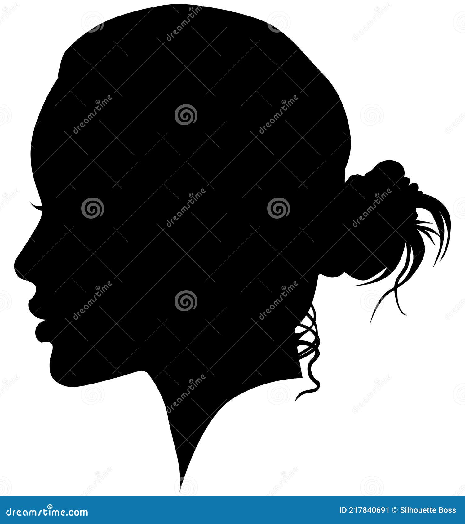 western european white woman, girl from the side profile picture with a topknot, updo bun hairstyle on the back of a head. isola