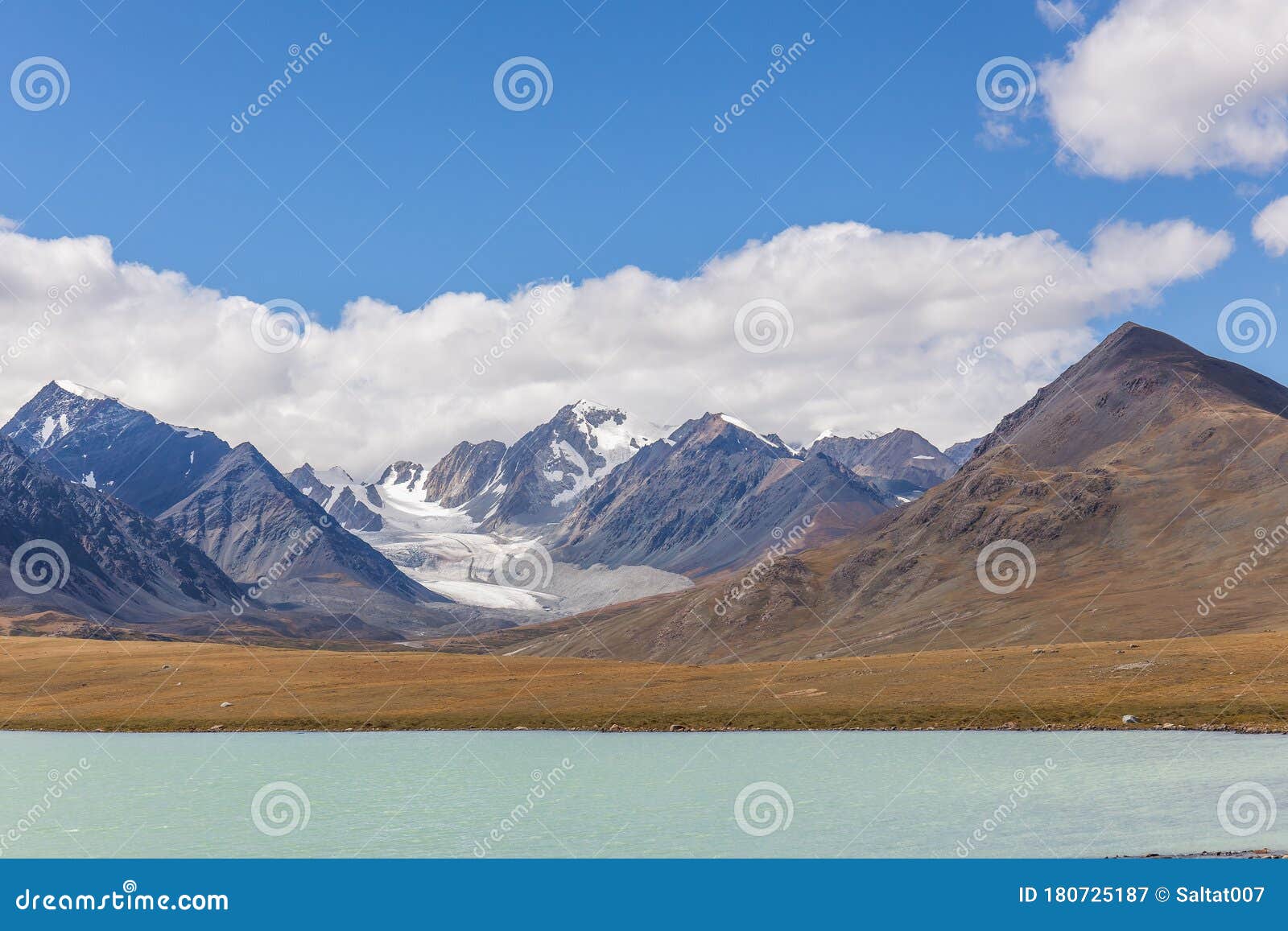 western mongolia mountainous landscape. view at tsaagan gol river, white river. altai tavan bogd national park, bayan-ulgii