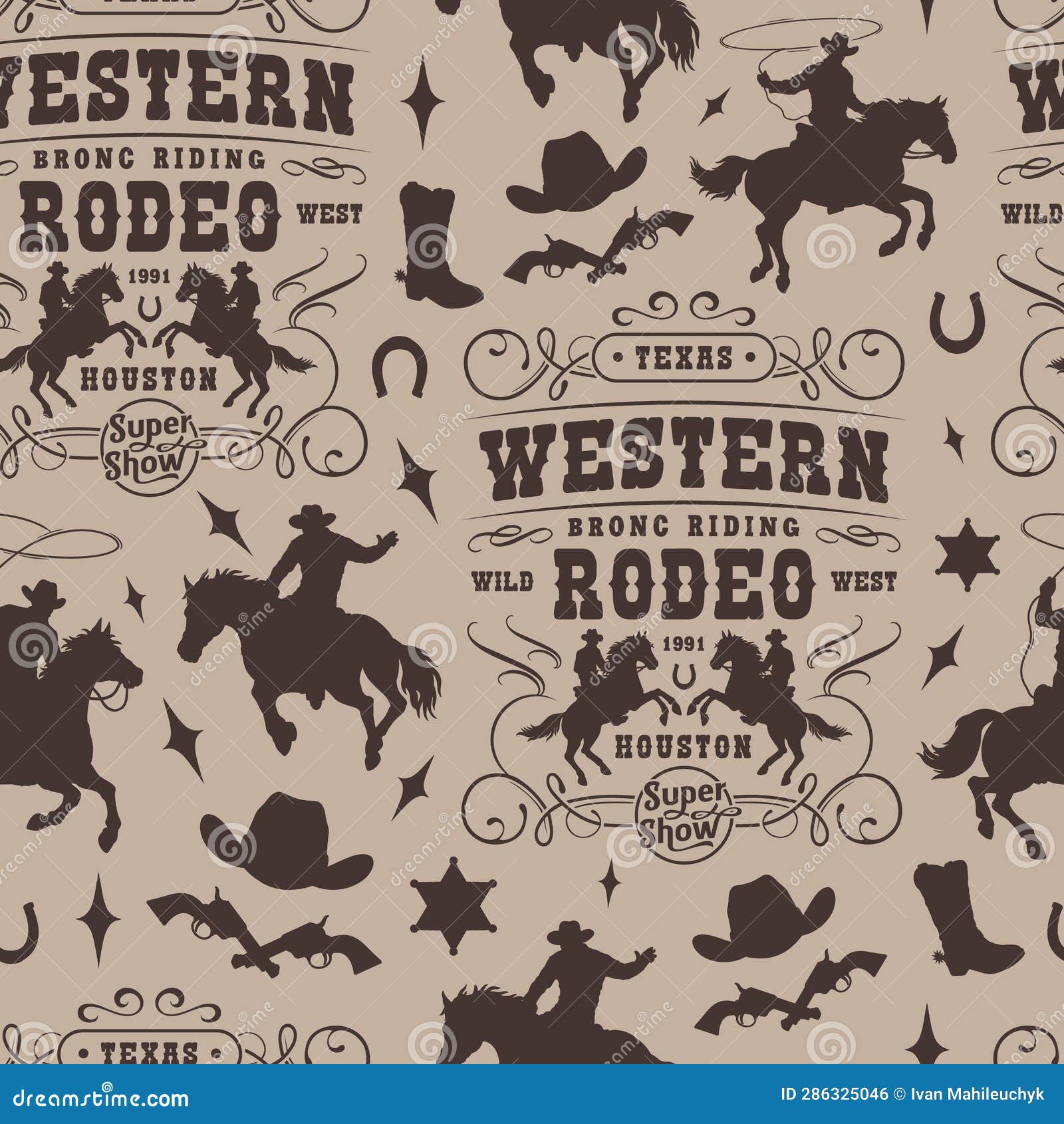 Western Rodeo Pattern Seamless Monochrome Stock Vector - Illustration ...