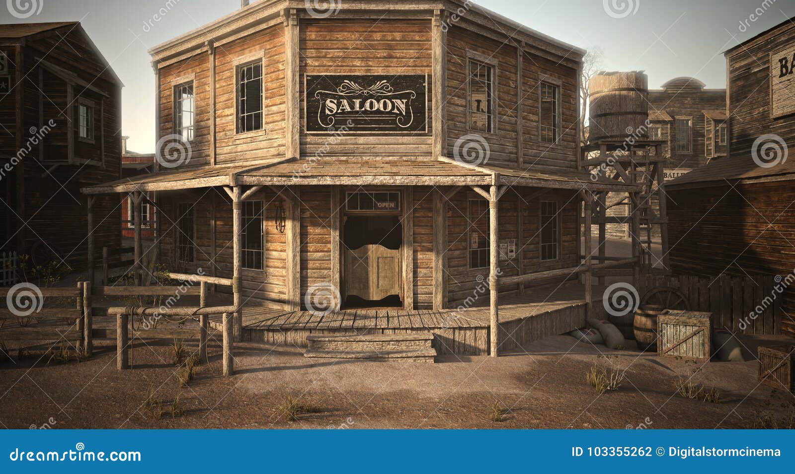 western town saloon with various businesses .