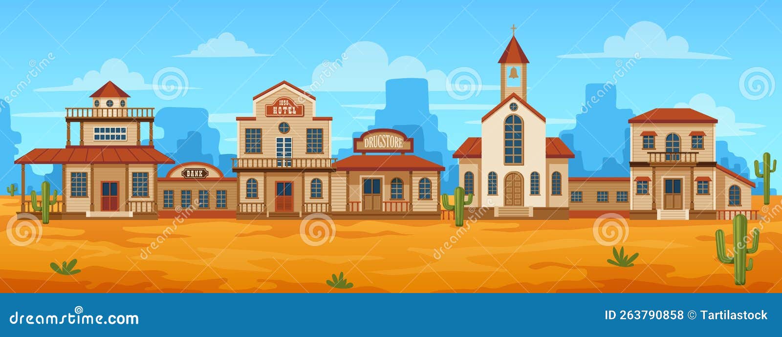 western town street. cartoon wild west landscape with old wooden buildings, rural city scene with bank hotel cowboy