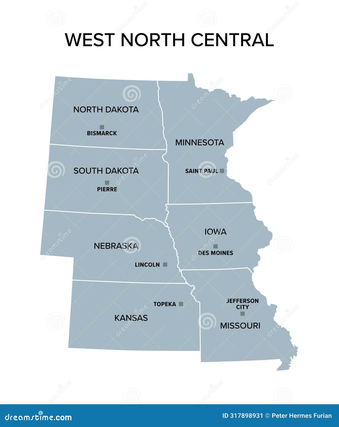 west north central states in the midwest region of usa, gray political map