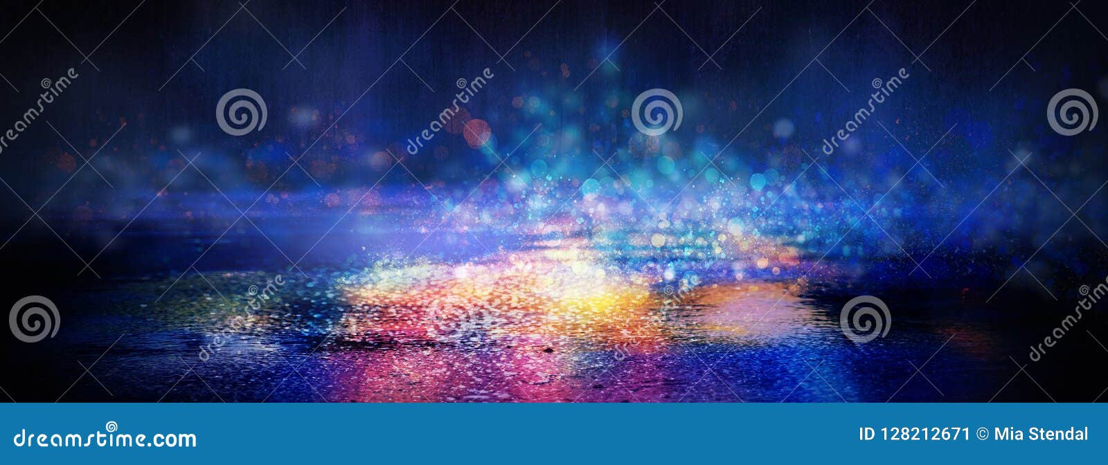 wet asphalt after rain, reflection of neon lights in puddles. the lights of the night, neon city. abstract dark background.