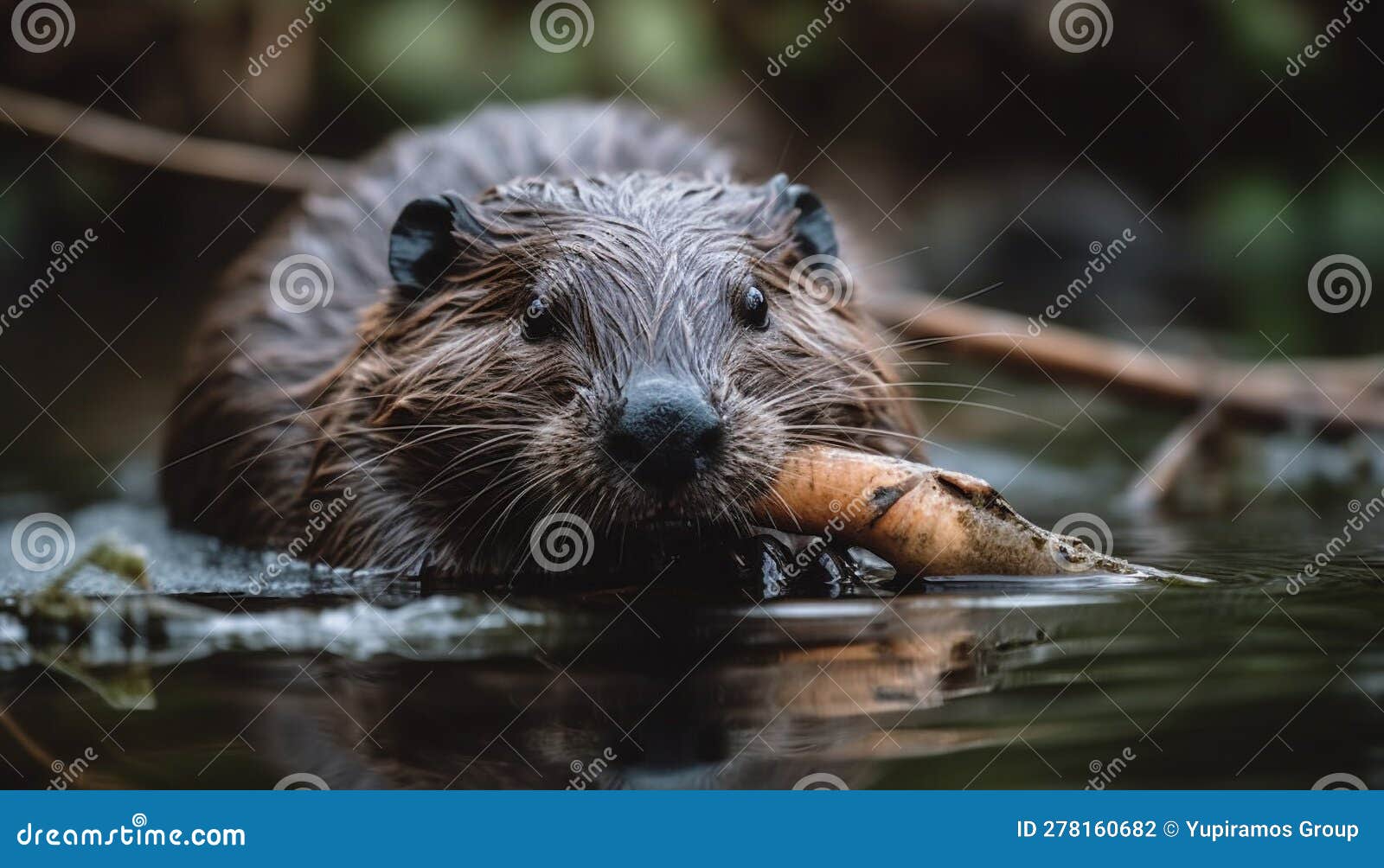 Wet Beaver Eating Fish in Tranquil Pond Generated by AI Stock Photo Image of pets, wild 278160682