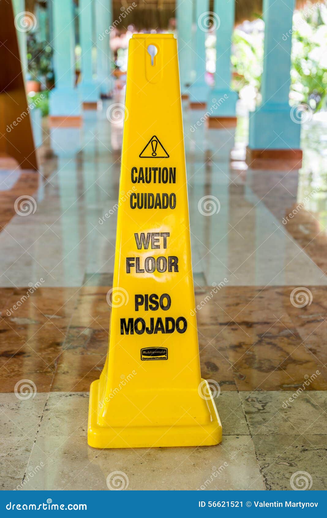 Wet Floor And Caution Warning Sign In Spanish And English Stock