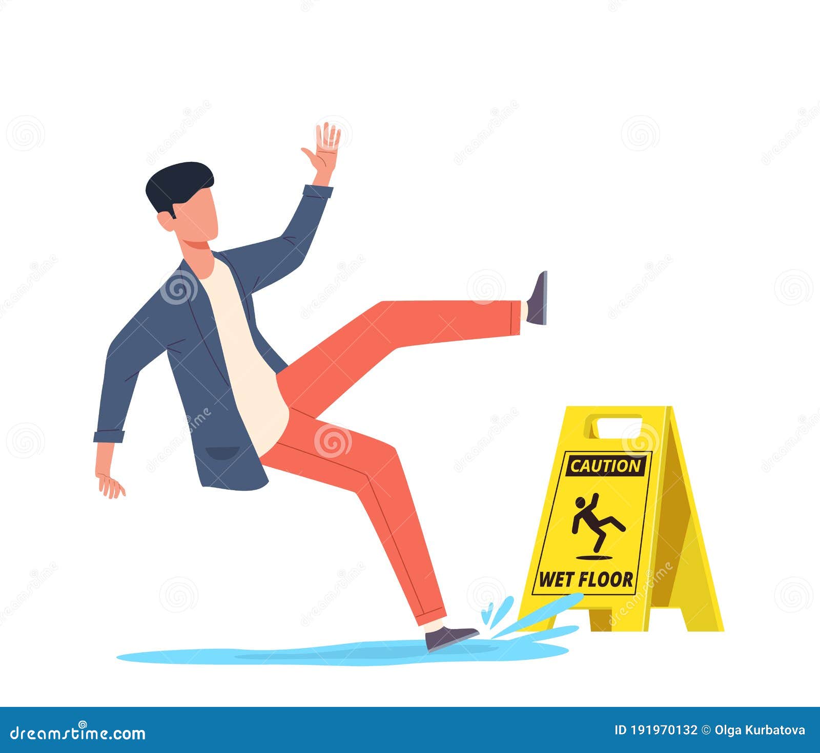 wet floor. falling man slips in water, slipping and downfall, injured character, caution danger wet floor yellow sign