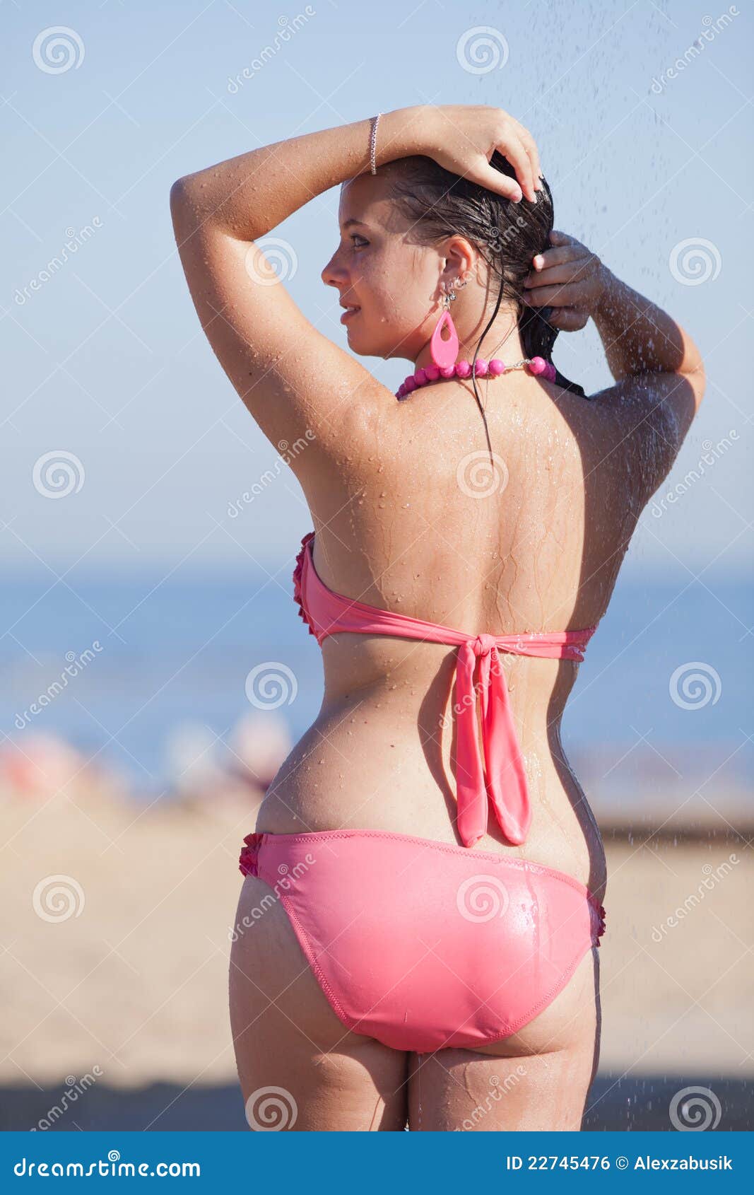 Wet Girl in Bikini on Open Air Stock Photo