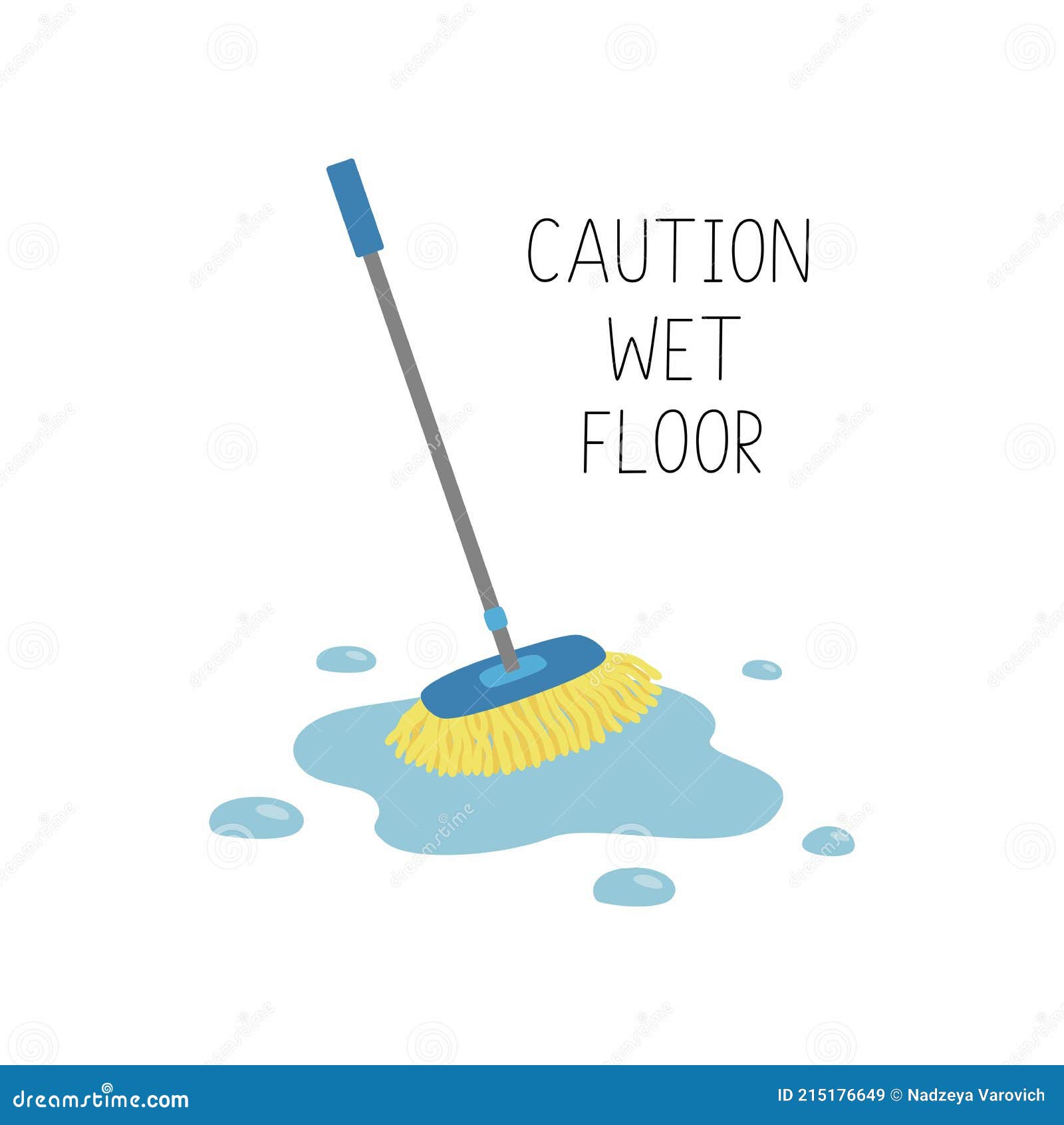 Wet Mop in Puddle. Caution Wet Floor. Vector Illustration. Stock Vector