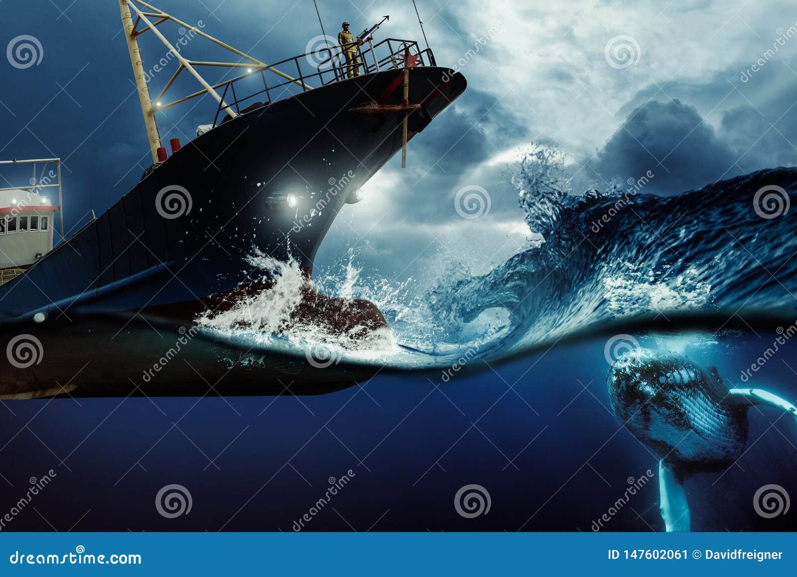 whaler ship hunting a whale at the blue stormy sea . environmental protection and seafare concept