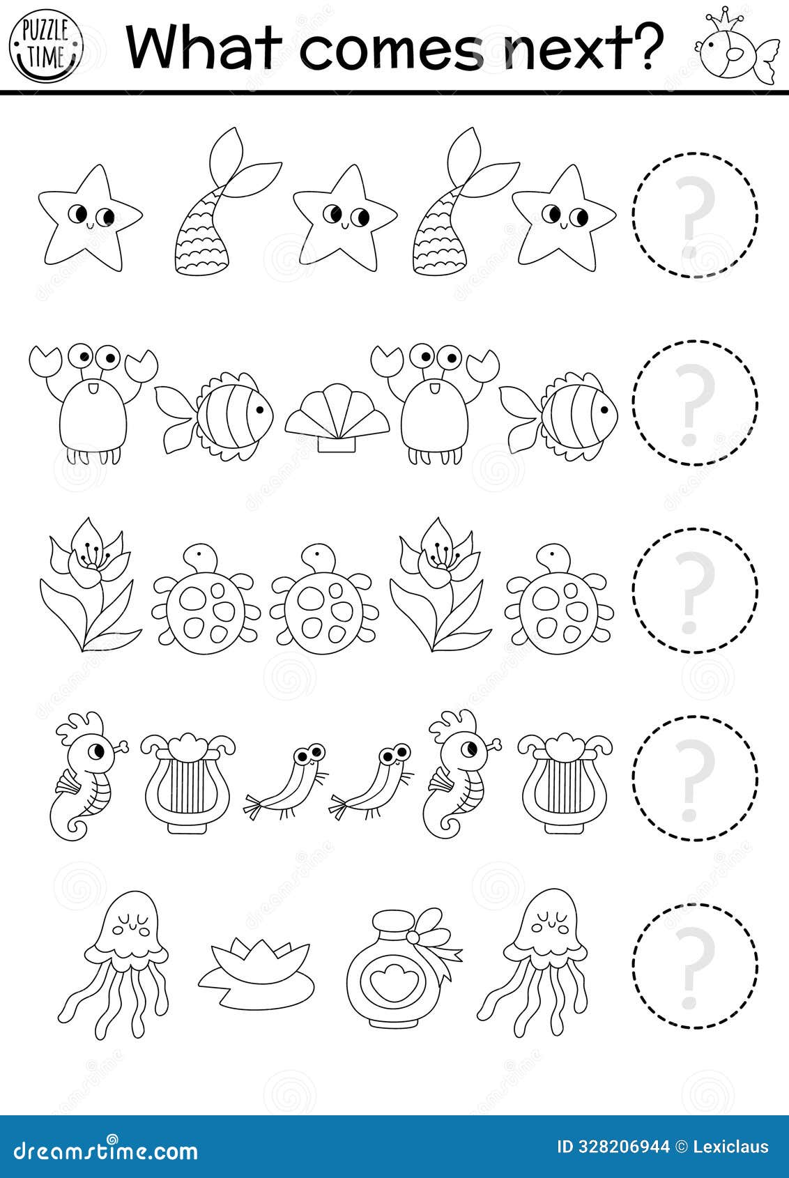 what comes next. mermaid black and white logical activity or coloring page with sea princess tail, crab, fish. ocean kingdom logic