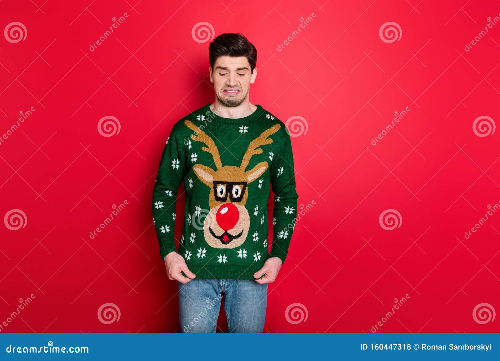 What a Disgust. Portrait of Frustrated Man Look at His Funny Ugly Sweater  Dislike His Christmas Present Wear Denim Jeans Stock Photo - Image of male,  funny: 160447318