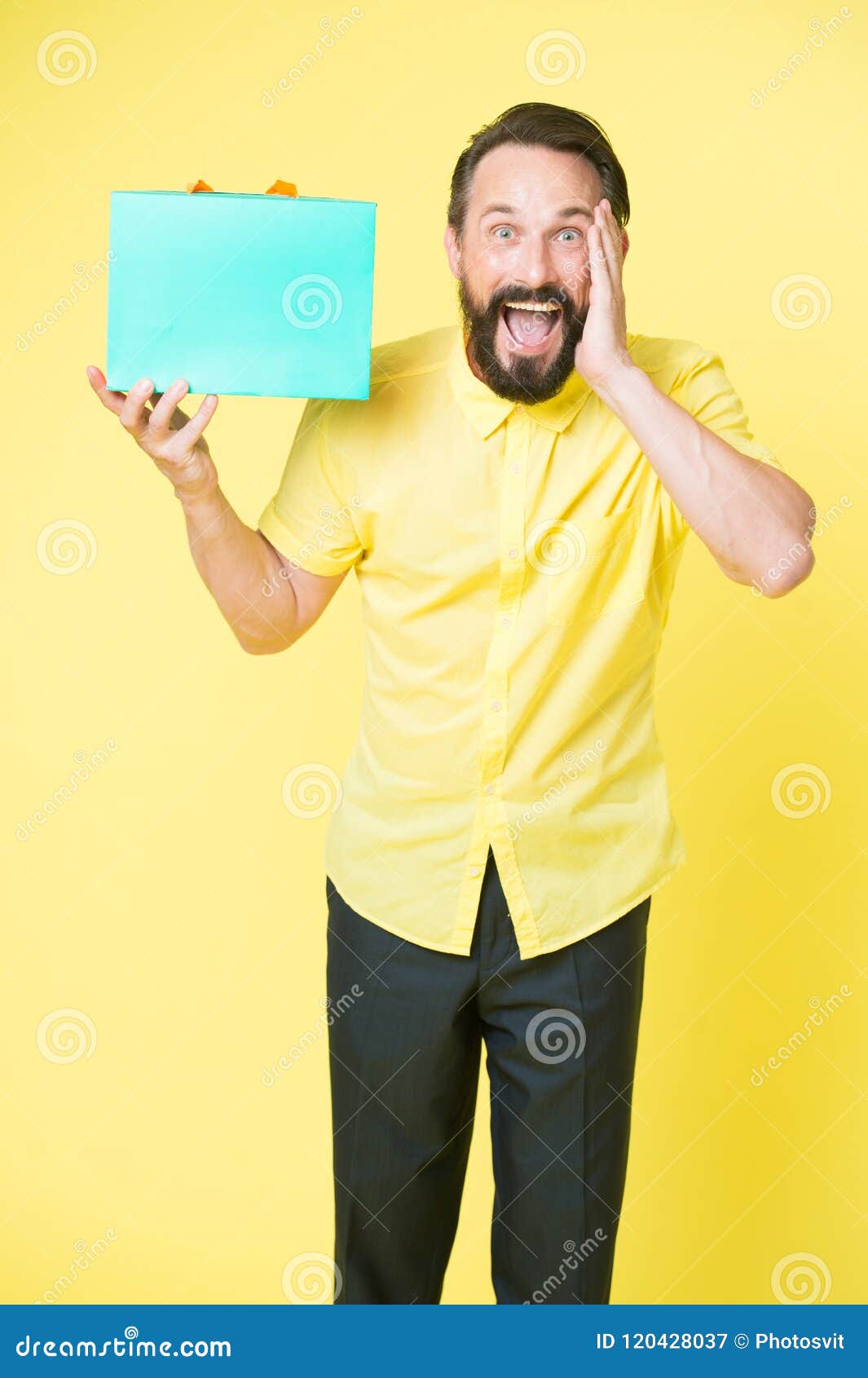 What A Surprise Man Mature Bearded Guy Surprised Face Holds T Box Man Got Unexpectable T