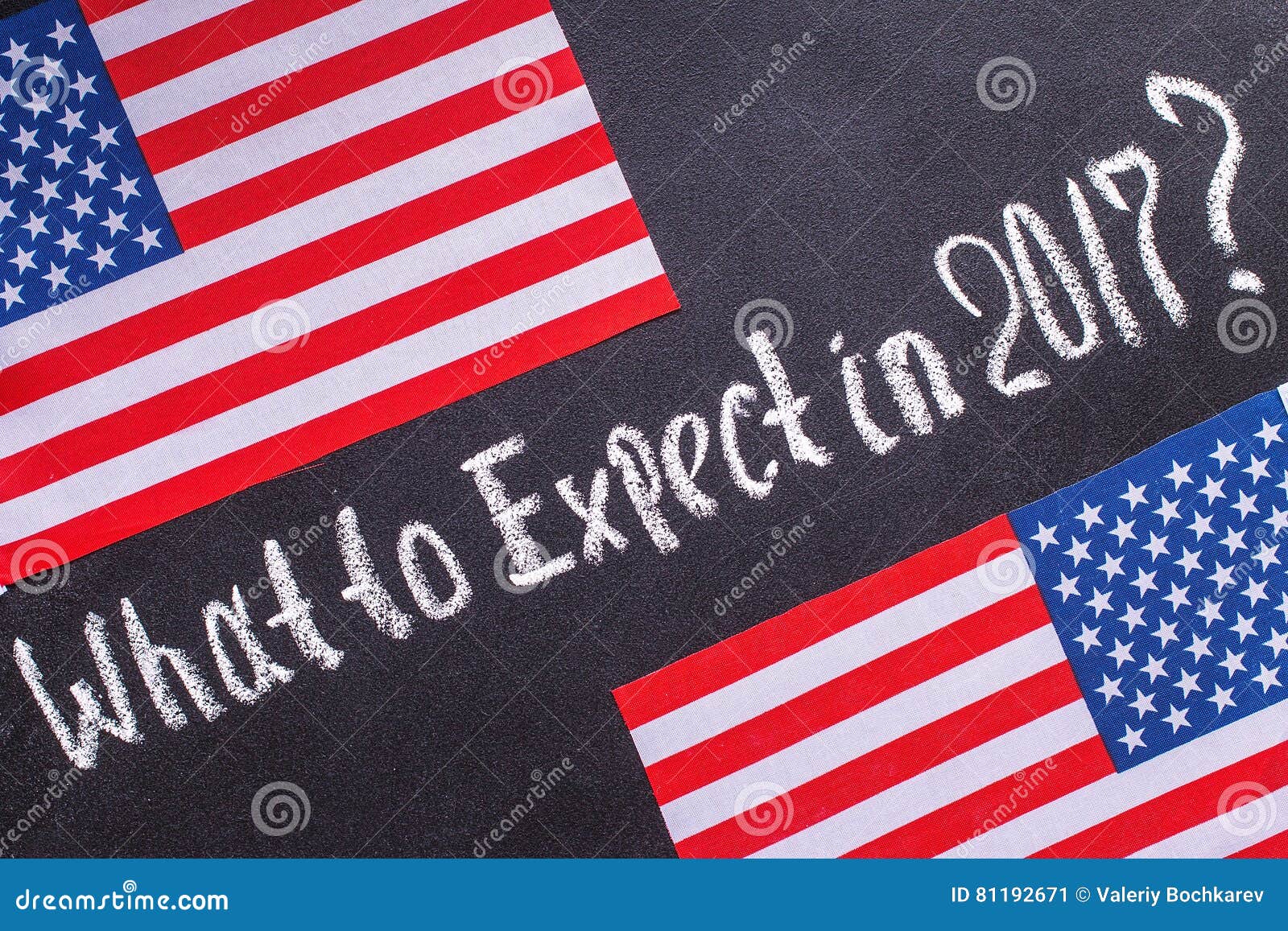 What To Expect in 2017 on the Chalk Board and US Flag Stock Image