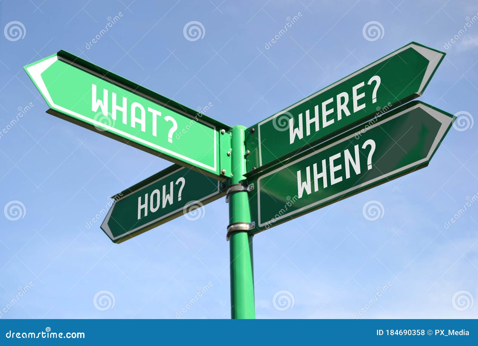 What, Where, How, when Green Signpost with for Arrows Stock Photo