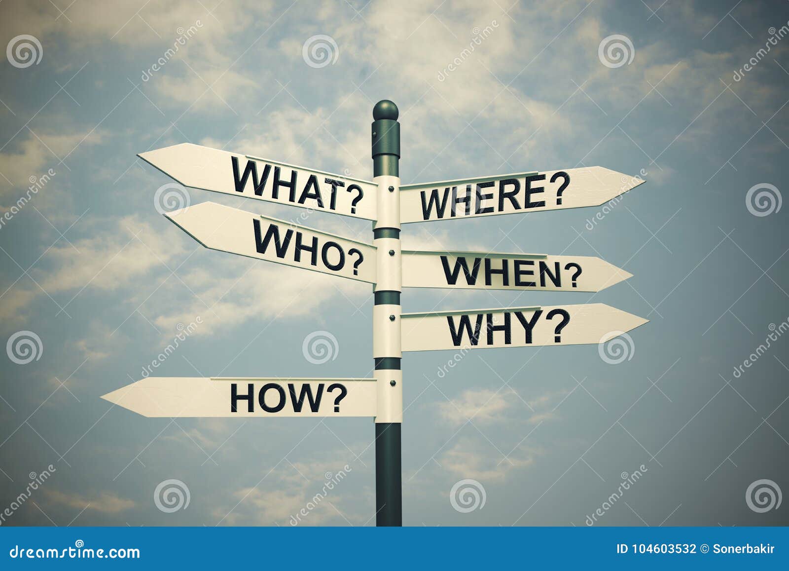 what, where, who, why, when, how-written with direction board.