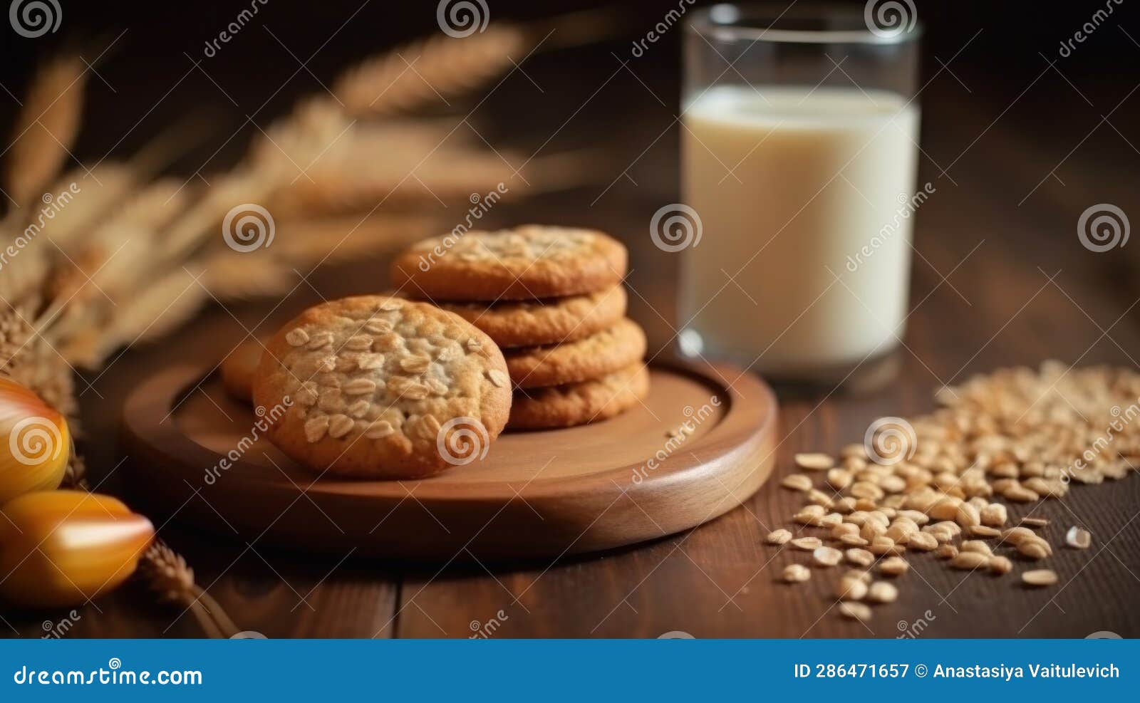 wheat based cookies and glass of milk on the table with wheat grain around