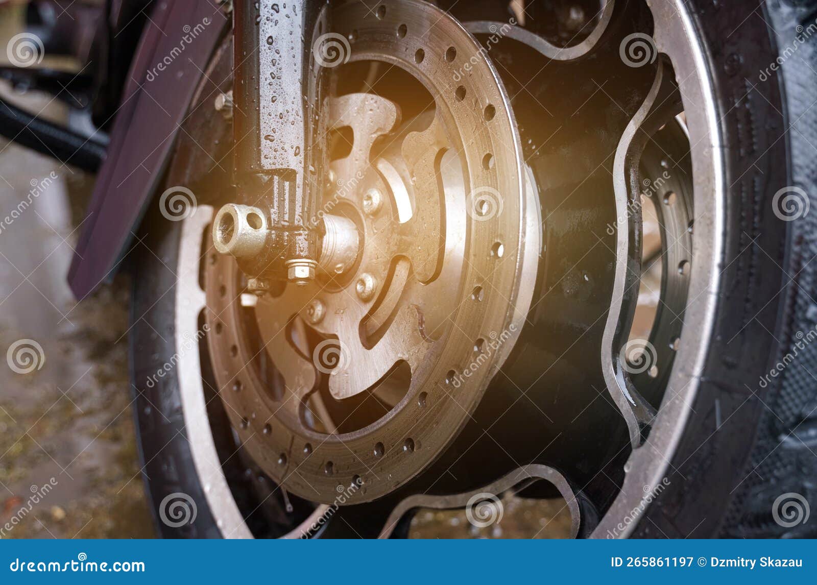 Wheel and Disc Brake System of a Motorcycle Closeup. Stock Image