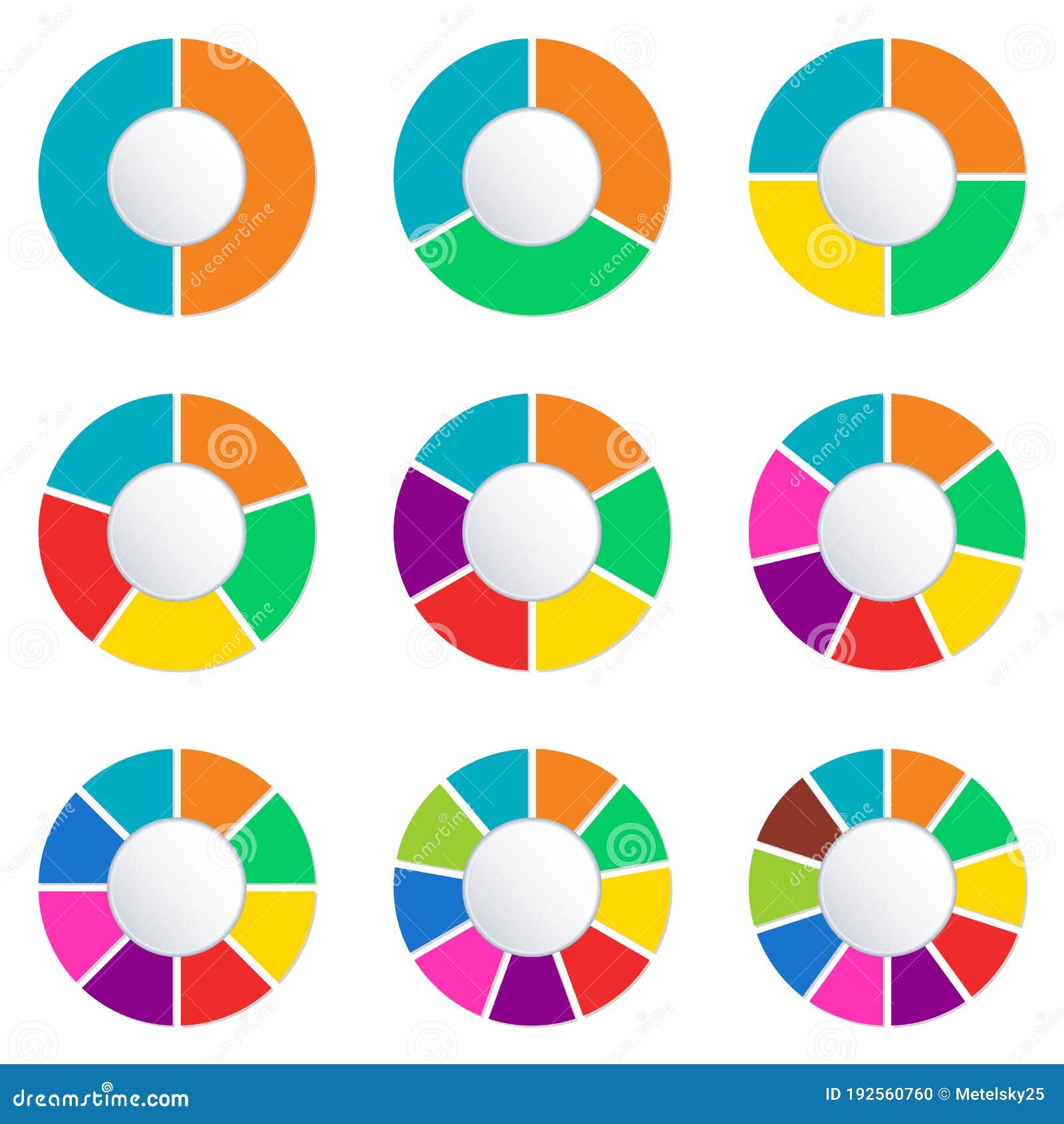 Wheel Infographics Template. Pie Chart Set with 2,3,4,5,6,7,8,9 and 10