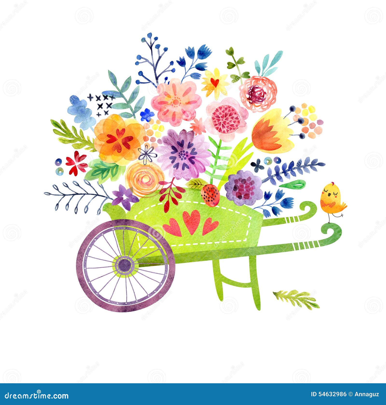 wheelbarrow with flowers cute watercolor card