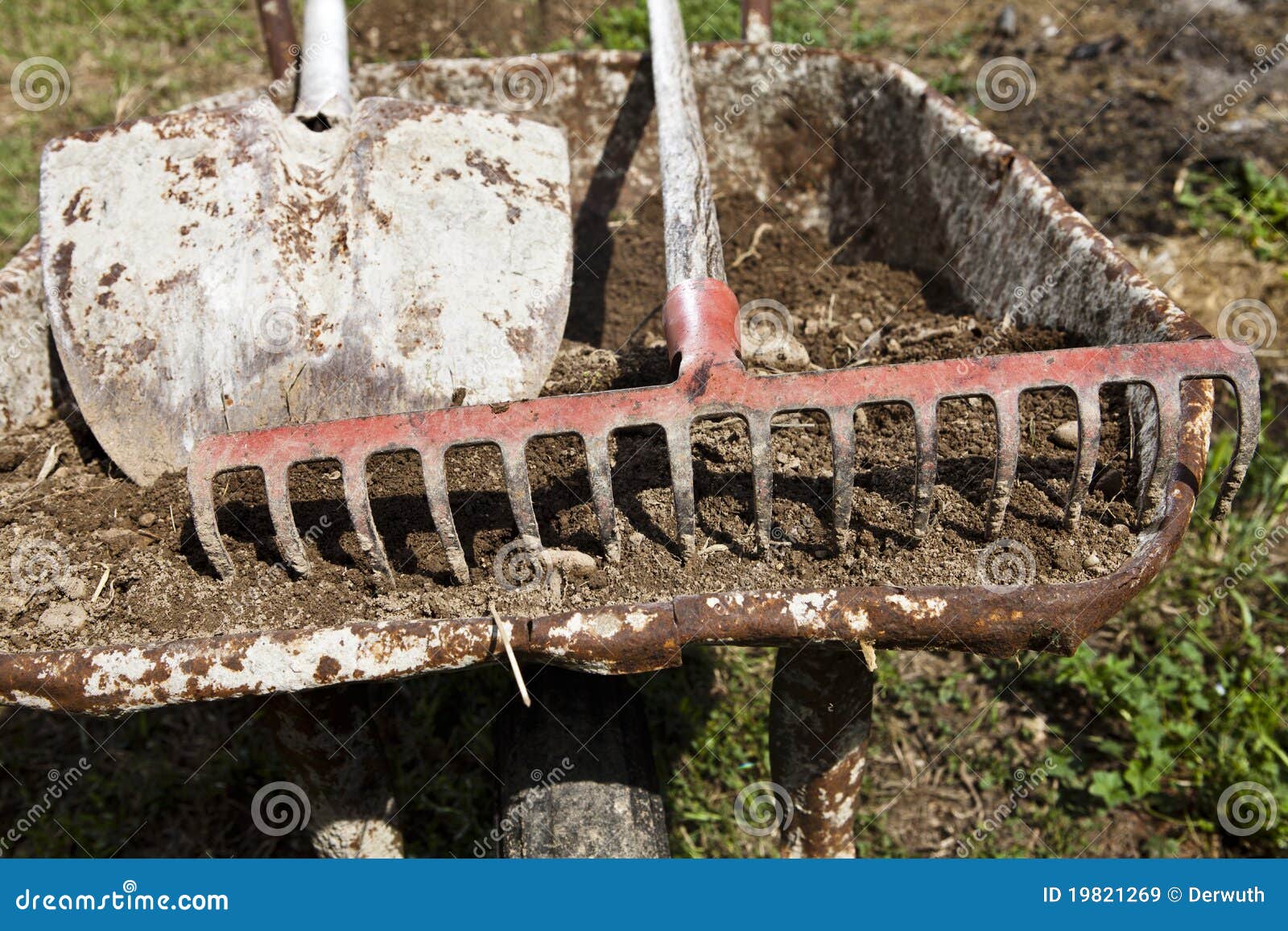 Wheelbarrow, Shovel and Rake Stock Image - Image of gardener, digging ...