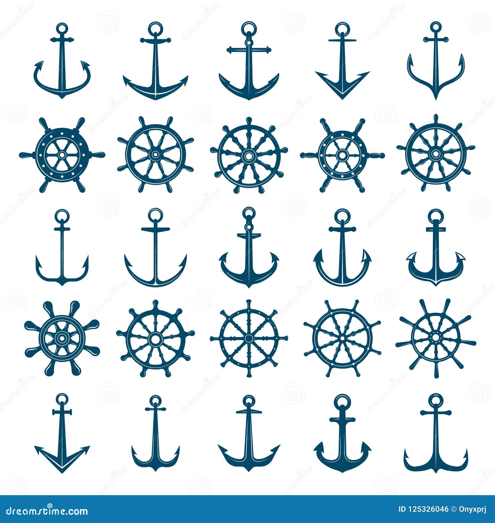 Wheels Ship Anchors Icon. Steering Wheels Boat And Ship Anchors Marine And  Navy Symbols Stock Vector - Illustration Of Collection, Isolated: 125326046
