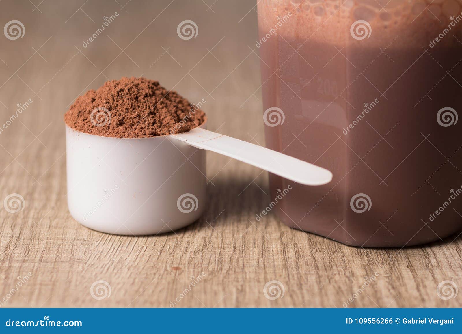 Whey Protein White Scoop With Chocolate Flavour Powder And Shaker