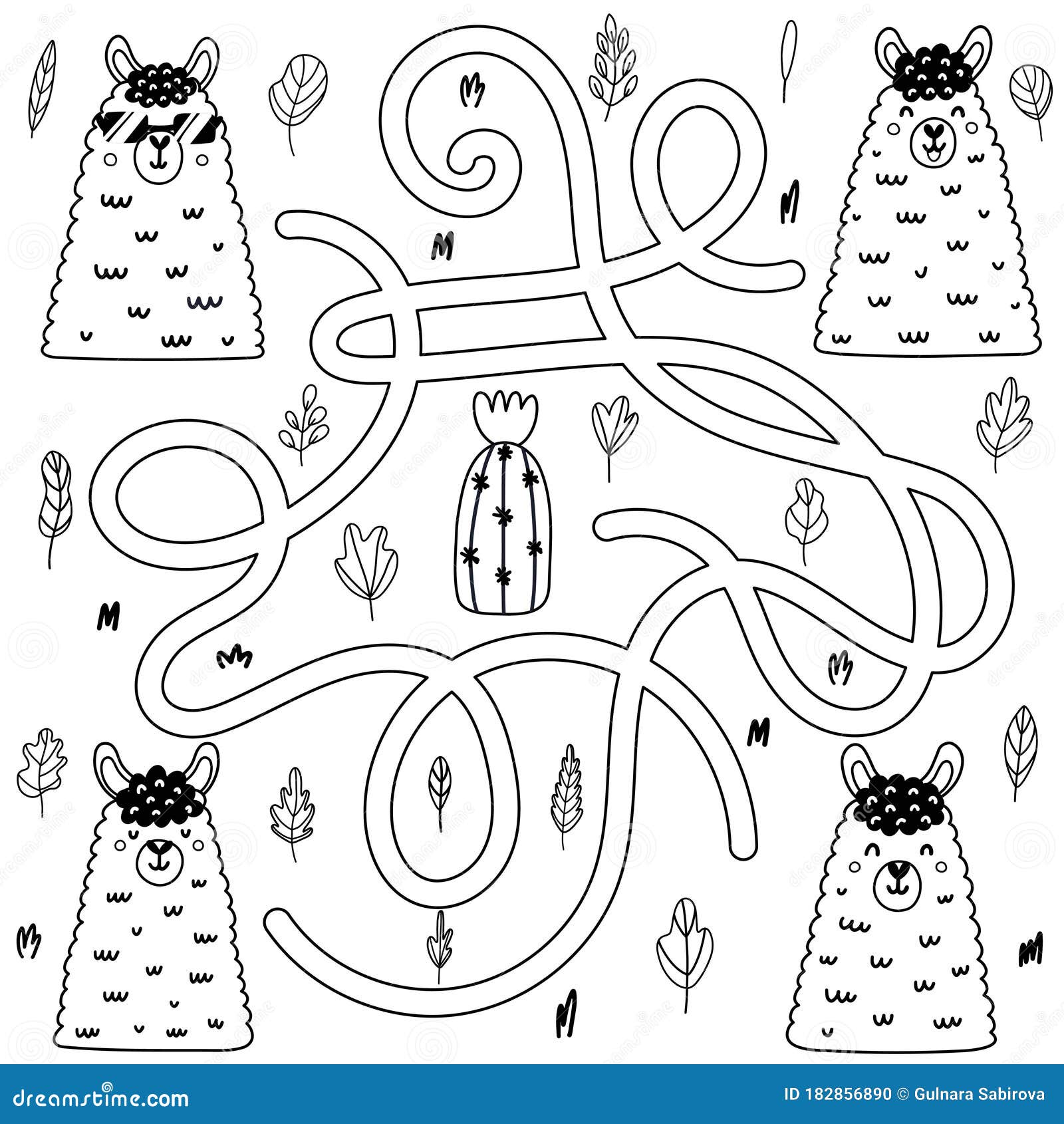 which llama comes to the cactus. black and white maze game
