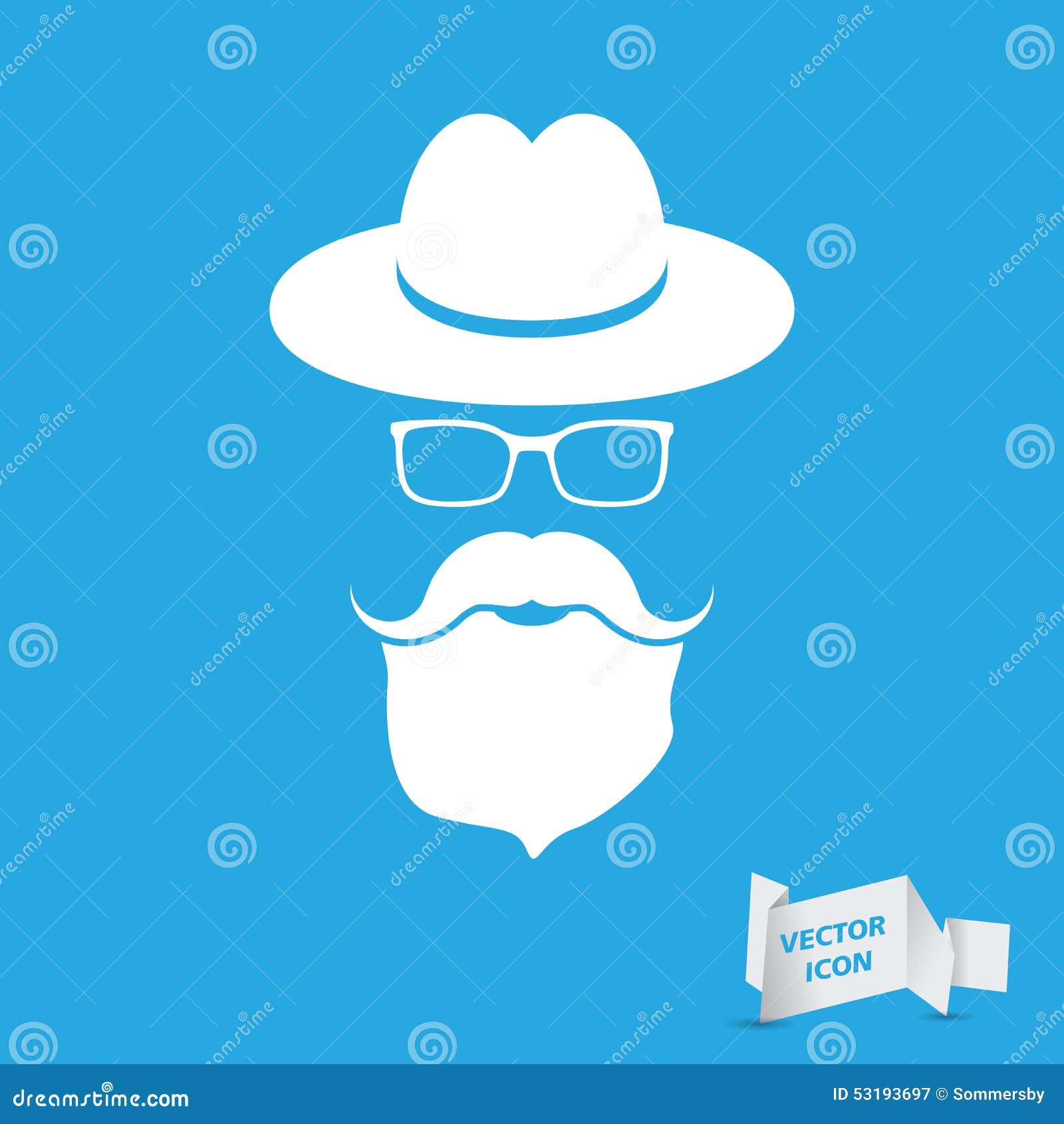 Whie Hat with Mustache, Beard and Glasses Isolated on a Blue Background