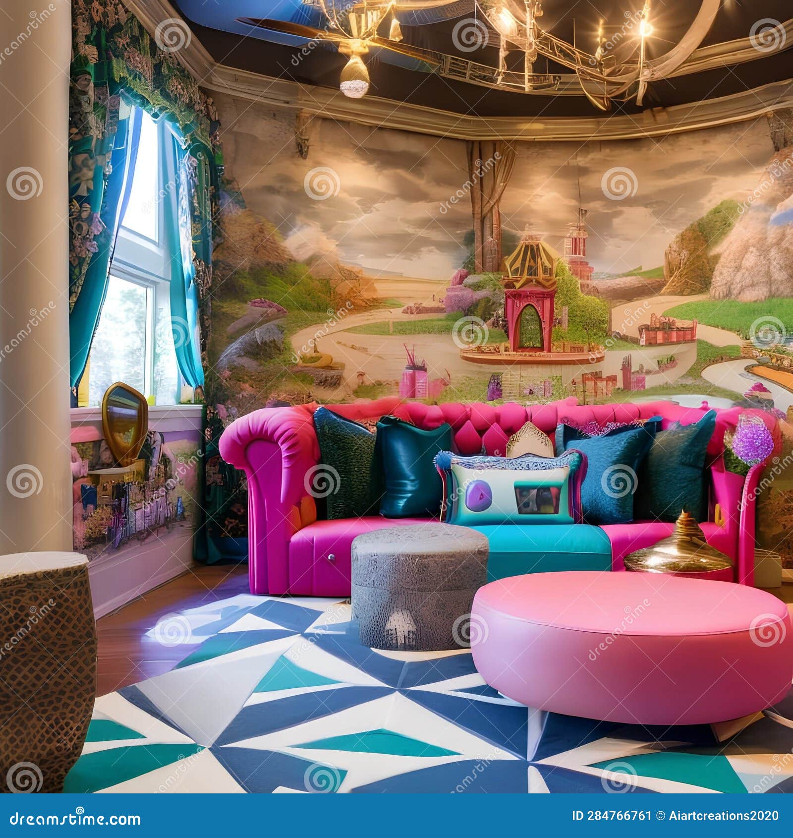 A Whimsical Alice in Wonderland-themed Playroom with Oversized